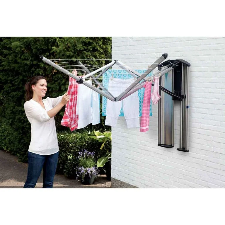 Uscător rufe pliabil de perete Brabantia WallFix 24m, Metallic Grey, cu casetă Stainless Steel de depozitare și protecție