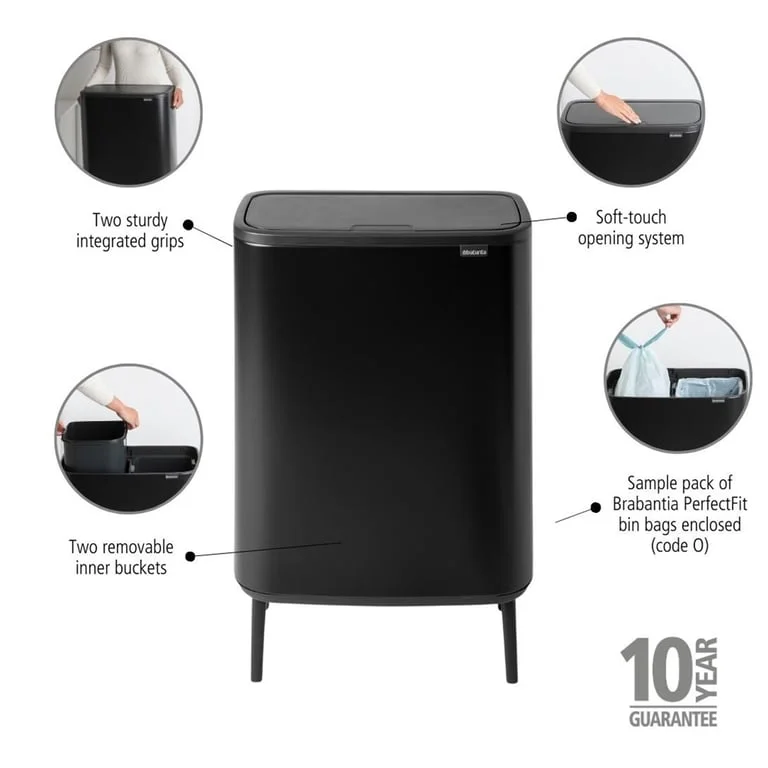 Bo Touch Bin Hi Brabantia, 2 x 30 litre, Plastic Buckets Matt Black