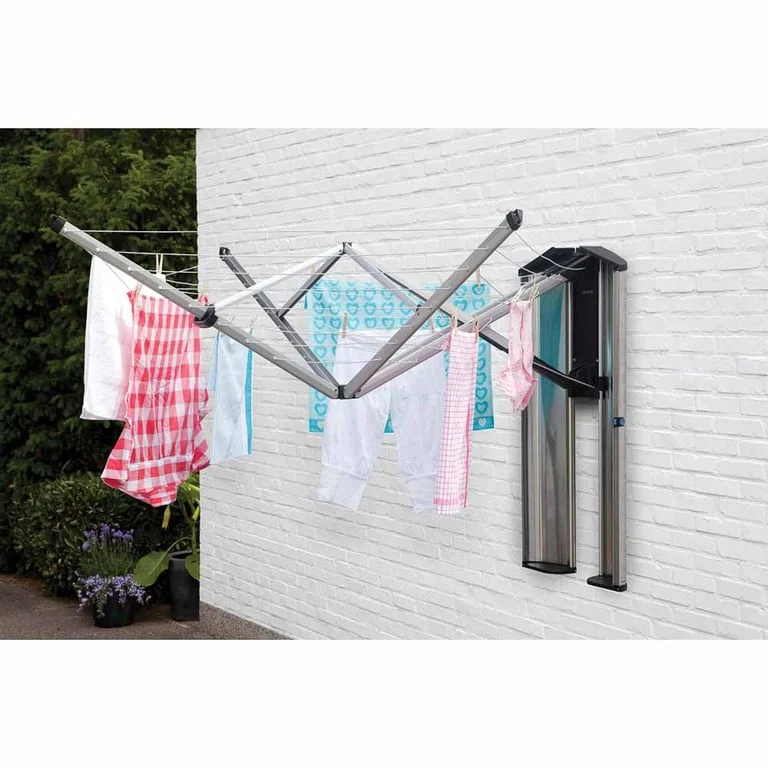 Uscător rufe pliabil de perete Brabantia WallFix 24m, Metallic Grey, cu casetă Stainless Steel de depozitare și protecție