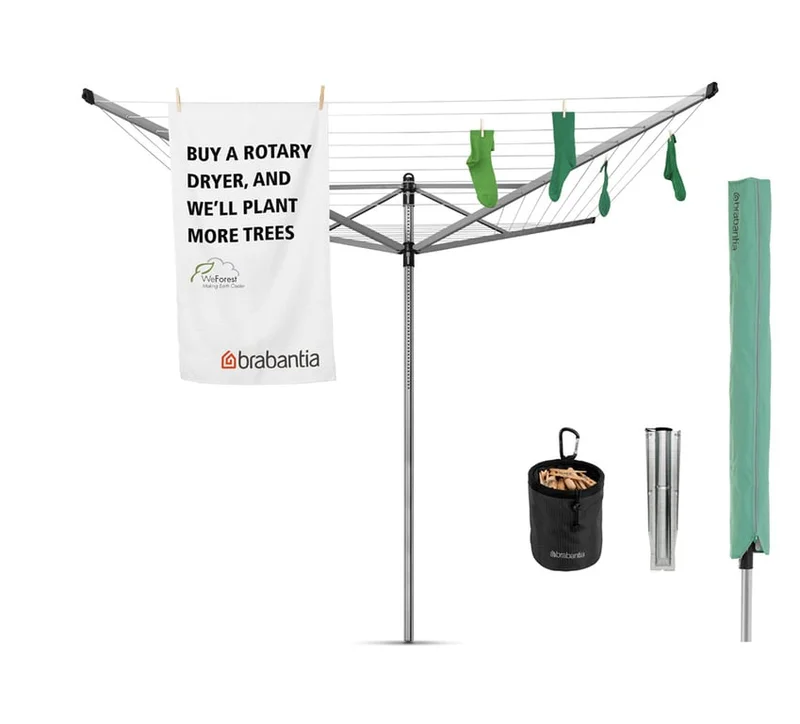 Uscător de rufe exterior Brabantia Lift-O-Matic 50m, țepușă metalică de săpat, husă, sac pentru clești, Metallic Grey