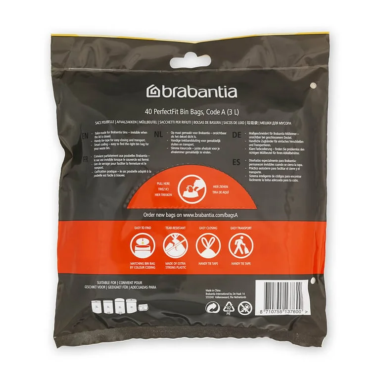 Saci de gunoi cu șnur Brabantia PerfectFit Sort&Go/Touch, cod A, 3L, 40 bucăți, pachet