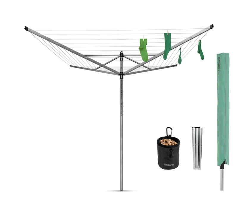Uscător de rufe exterior Brabantia Lift-O-Matic 50m, țepușă metalică de săpat, husă, sac pentru clești, Metallic Grey