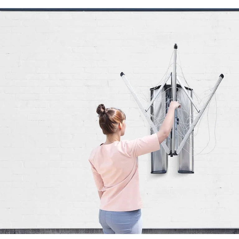 Uscător rufe pliabil de perete Brabantia WallFix 24m, Metallic Grey, cu casetă Stainless Steel de depozitare și protecție