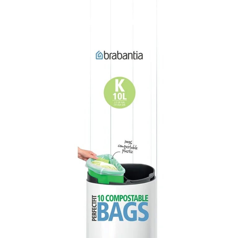 Saci de gunoi Brabantia PerfectFit, cod K (Twin), 10L, 10 bucăți, verzi, biodegradabili
