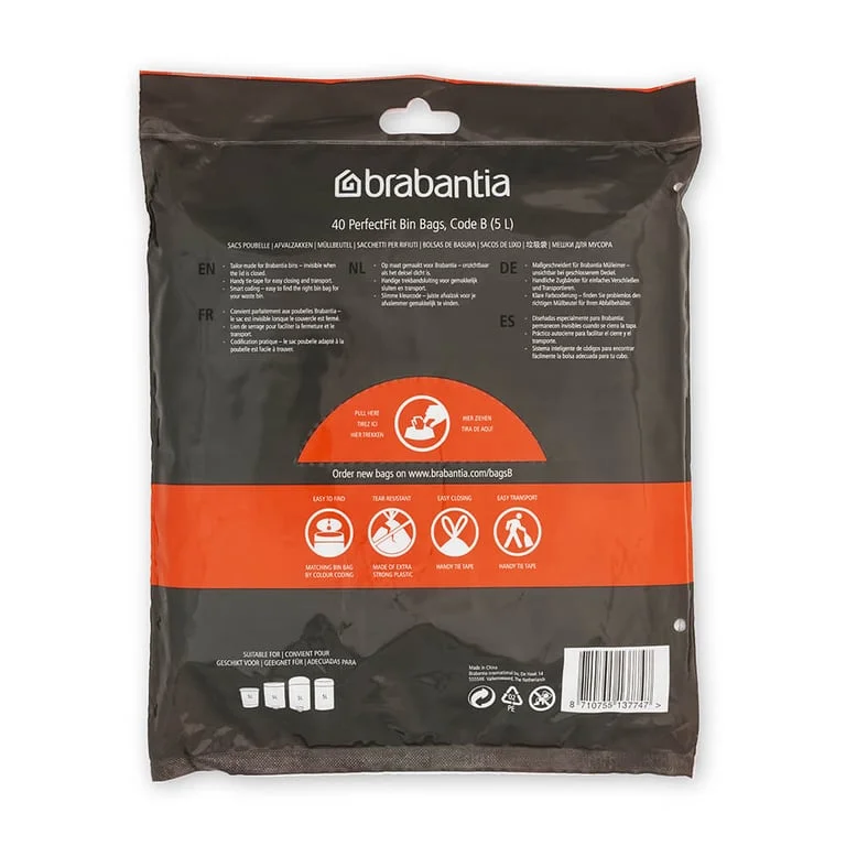 Saci de gunoi cu șnur Brabantia PerfectFit Slide/Papier Bin, cod B, 5L, 40 bucăți, pachet
