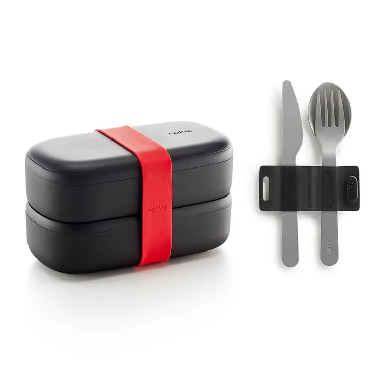 Set de recipiente pentru alimente Lekue On The Go Black, 2x500 ml, cu tacâmuri incluse