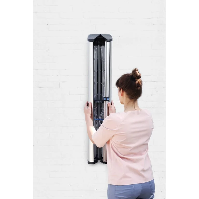 Uscător rufe pliabil de perete Brabantia WallFix 24m, Metallic Grey, cu casetă Stainless Steel de depozitare și protecție
