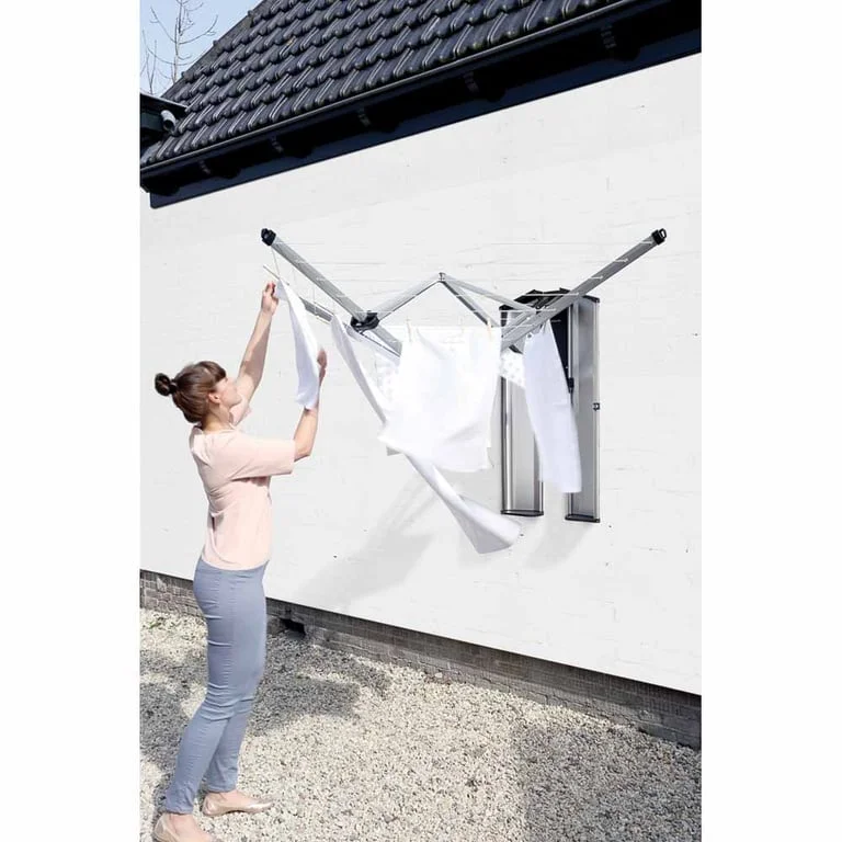 Uscător rufe pliabil de perete Brabantia WallFix 24m, Metallic Grey, cu casetă Stainless Steel de depozitare și protecție